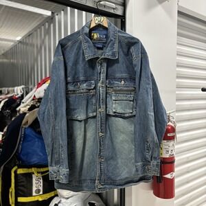 Vintage Trust Sports Collection Denim Blue Jean Jacket Button Coat Mens 2XL Y2K